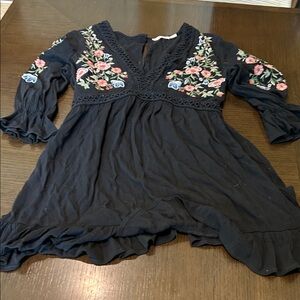 miami Black Floral Embroidered V‑Neck Boho Long Sleeve Dress